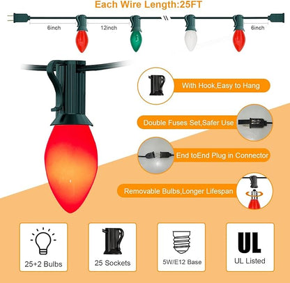 25Ft C7 LED Christmas Multicolor String Lights with 27 Red Green White LED Bulbs, Outdoor Hanging Vintage Christmas Lights Waterproof for Xmas Tree Roofline Wedding Party Holiday Decor-Red/Green/White