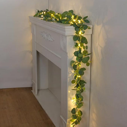 N&T NIETING 4 Pack Artificial Eucalyptus Garland with Lights, 6FT Artificial Greenery Garlands, Battery Operated Twig Vine for Room Stairs Mantle Wedding Holiday Mothers Day Decoration Indoor Outdoor
