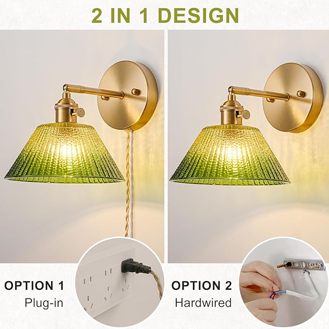 Plug in Wall Sconces Set of 2, Vintage Wall Sconce Light with Gradient Green Glass Lampshade, Bedroom Wall Sconce with Switch and Plug in wall lamp Cord, Gold Wall Light Wall Decor Set of 2