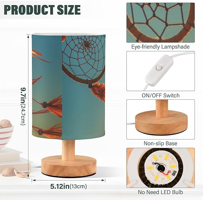 Table Lamp Dream Catcher Sunset Sky Boho Chic Dreamcatcher Ethnic Tribal Nightstand Lamp with Wood Base Fabric Lamp Shade Bedside Desk Lamp for Living Room Bedroom Kids Room Office