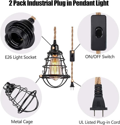 Asnxcju Industrial Plug in Pendant Light, Vintage Hanging Lights with Plug in Cord, Metal Cage Hanging Lamp with 13ft Hemp Rope Plug in Pendant Lighting Fixture On/Off Switch 2 Pack