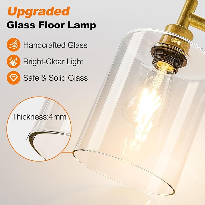 【Upgraded】Dimmable Gold Floor Lamp for Living Room with Clear Glass Lampshade, Glass Modern Floor Lamp with 900LM Edison Bulb Included, Standing Tall Lamp for Bedroom, Office, Reading Room, Corner