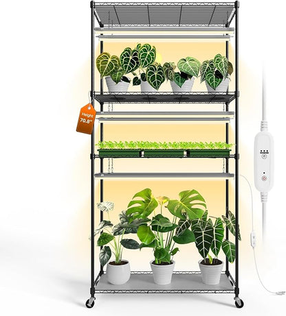 Bstrip Plant Shelf with Grow Light, Tall Grow Light Shelf, Plant Stand with 6 Pack 90W Full Spectrum Plant Lights for Indoor Plants, Seed Starting, Seed Tray, 35.4" Lx13.8 Wx70.8 H