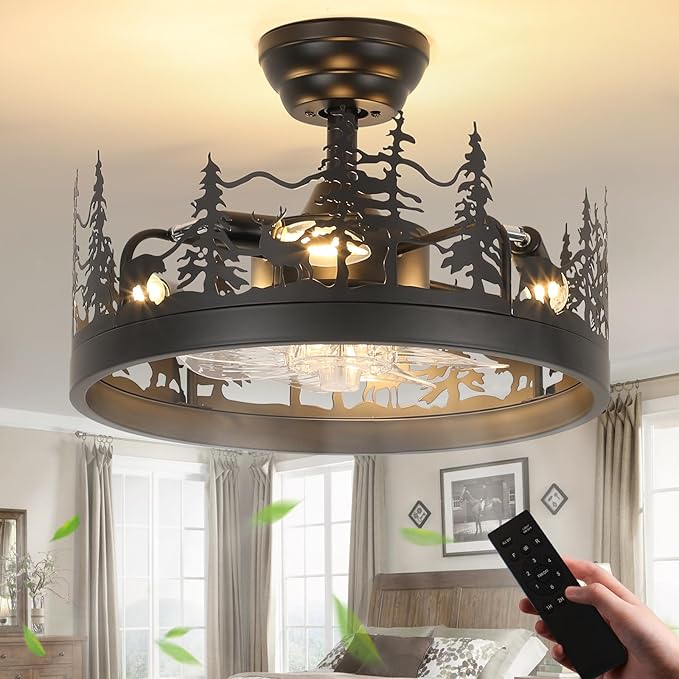Farmhouse Rustic Ceiling Fan with Light and Remote, Black Rustic Fan with Bear and Deer Design, Adjustable Height, Rustic Deer Antler Fan for Living Room, Bedroom, Hallway Lighting