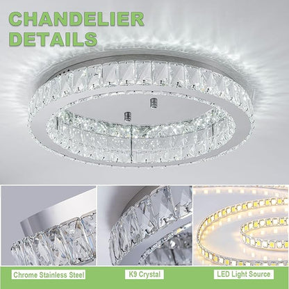 HOPGGIE 18" Crystal Chandelier LED Modern Chandelier Light Round Ring Flush Mount Ceiling Light Fixtures for Living Room Bedroom Dining Room (Cool White)