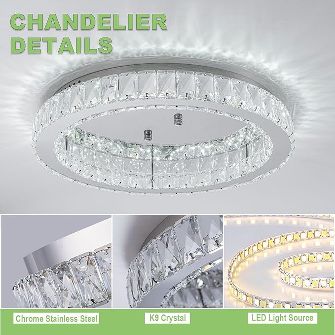 HOPGGIE 18" Crystal Chandelier with Remote Control LED Flush Mount Ceiling Light Fixtures Modern Round Ring Chandelier Light for Living Room Bedroom Dining Room (dimmable)