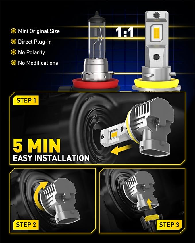 AUXITO H11 H8 H16 LED Yellow Fog Light Bulbs, 3000K Amber Yellow Light, 900% Brightness, Truly Mini Size Fog Lights Replacement for Cars, Play and Plug (Pack of 2)