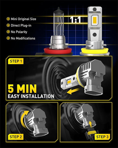 AUXITO H11 H8 H16 LED Yellow Fog Light Bulbs, 3000K Amber Yellow Light, 900% Brightness, Truly Mini Size Fog Lights Replacement for Cars, Play and Plug (Pack of 2)