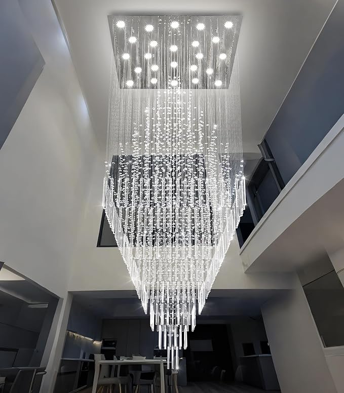 HAIXIANG W47 x H120 Luxury Crystal Chandelier with LED Bulbs Glam Raindrop High Ceiling Square Light Chandeliers for Entrance Large Villa Foyer Living Room Lighting Fixtures Silver