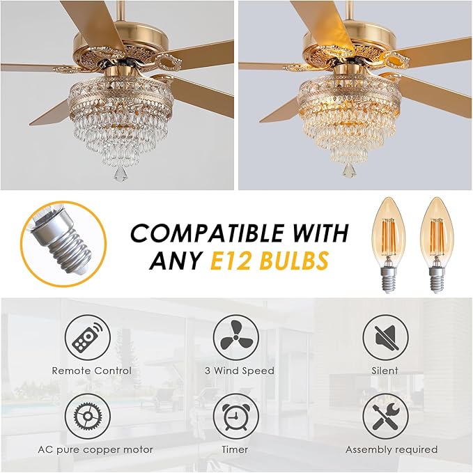 52“Crystal Ceiling Fan Fandelier with Lights - Modern Golden Crystal Chandelier Fans with Remote Control，Retro/Farmhouse Lighting, Dining Room,Living Room Ceiling Fan Light with Noiseless DC Motor