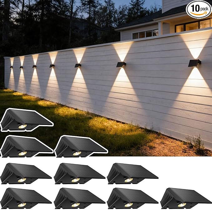 Solar Fence Lights Outdoor, 10 Pack Warm White Up and Down Solar Wall Lights, IP67 Waterproof LED Dusk to Dawn Solar Powered Fence Lights for Patio, Backyard, Deck, Garden, Yard, Outdoor Wall Decor