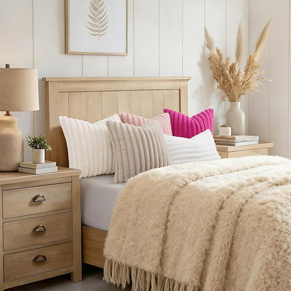 decorUhome Summer Cozy Faux Fur Throw Pillow Covers 12x20 Set of 2 Decorative Soft Plush Striped Lumbar Modern Farmhouse Boho Couch Pillow Cases with Velvet Back for Sofa Bed Living Room, White