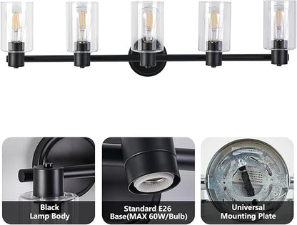 5 Light Bathroom Wall Light Fixtures Black Bathroom Wall Sconce with Clear Glass Lights Over Mirror Vanity Lights E26 Base