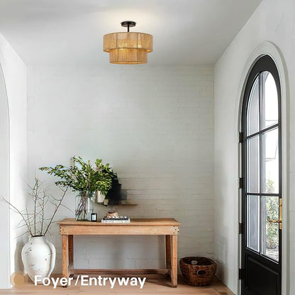 15.7'' Boho Light Fixtures Ceiling Mount, Coastal Hemp rope Semi Flush Mount Ceiling Light Fixture,3-Light Rattan Light Fixtures With 2-Tier Drum Shade, Farmhouse Chandelier Bedroom Ceiling Lamp