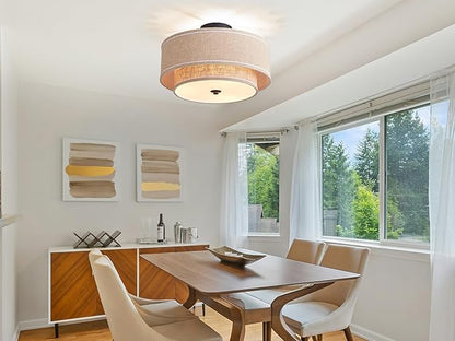 Shrine Lighting Double Drum Ceiling Light, Perfect Drum Light Fixture for Dining Room, D16'' x H7'', E12*3 Sockets, Beige Linen Fabric Lampshade & Black Rod