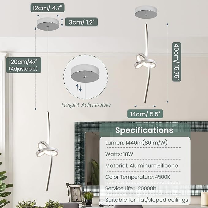 ADISUN Modern LED Pendant Light, Spiral Pendant Lights Kitchen Island, 4500K Neutral Light, Adjustable Height, Pendant Light Fixtures for Living Room Bedroom Hanging Light(Chrome)