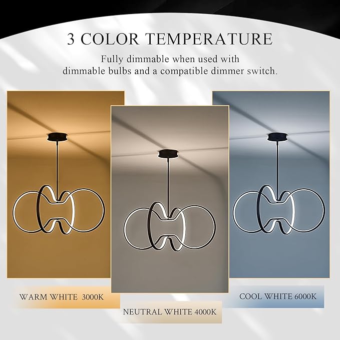 Modern LED Pendant Light Black Dimmable Circular Chandelier, Kitchen Island Pendant Light Fixture with Remote Control for Dining Room, Kitchen, Entry, Living Room(D31.5 Inch)