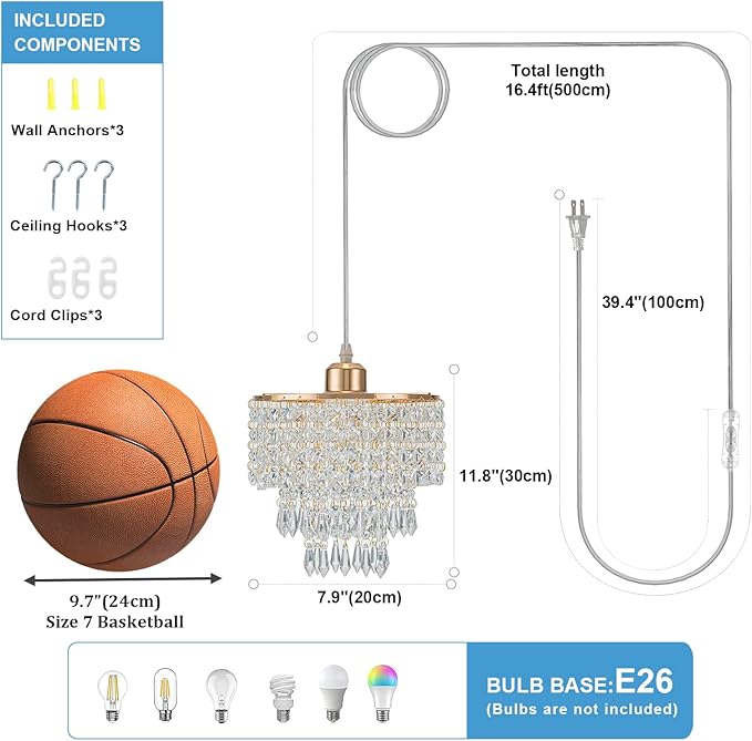 8" Plug in Pendant Light Corded Hanging Lights with Plug in Cord Hanging Lamp Plug in with 16.4 Ft Cord Mini Chandelier for Bedroom Kitchen Island Hallway Bathroom Closet (Gold)