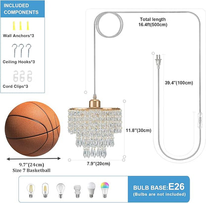 8" Plug in Pendant Light Corded Hanging Lights with Plug in Cord Hanging Lamp Plug in with 16.4 Ft Cord Mini Chandelier for Bedroom Kitchen Island Hallway Bathroom Closet (Gold)