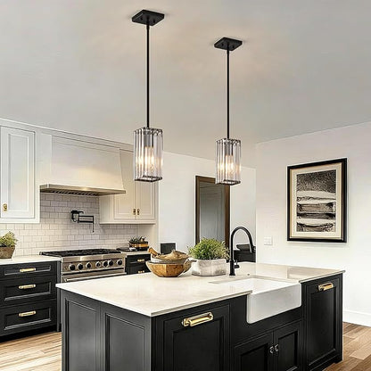 Modern Crystal Pendant Lights Kitchen Island, 1-Light Black Hanging Light with Clear Crystal Shade, Adjustable Height Pendant Lighting for Kitchen Island Dining Room Bedroom Bar Entryway