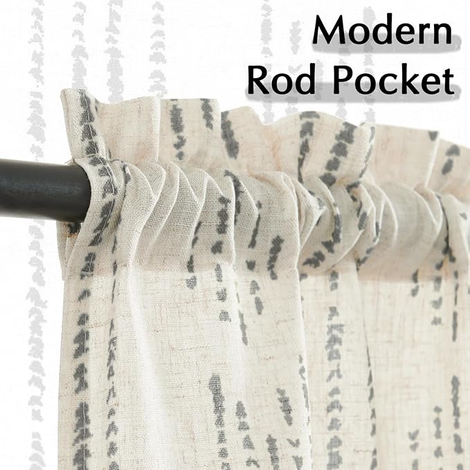jinchan Boho Kitchen Curtains Linen Tier Curtains 45 Inches Bohemian Cafe Small Drapes Gray Striped Mudcloth Farmhouse for Bathroom RV Camper Light Filtering Rod Pocket 2 Panels Grey on Beige