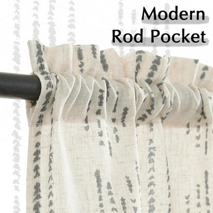 jinchan Boho Kitchen Curtains Linen Tier Curtains 45 Inches Bohemian Cafe Small Drapes Gray Striped Mudcloth Farmhouse for Bathroom RV Camper Light Filtering Rod Pocket 2 Panels Grey on Beige