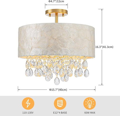 LumFurn 4-Light Drum Capiz Shell Crystal Chandeliers, Coastal Design Semi-Flushmount Ceiling Light Fixture for Dining Room, Bedroom, D16xH16 inch, Shell Lampshade & Gold Finish