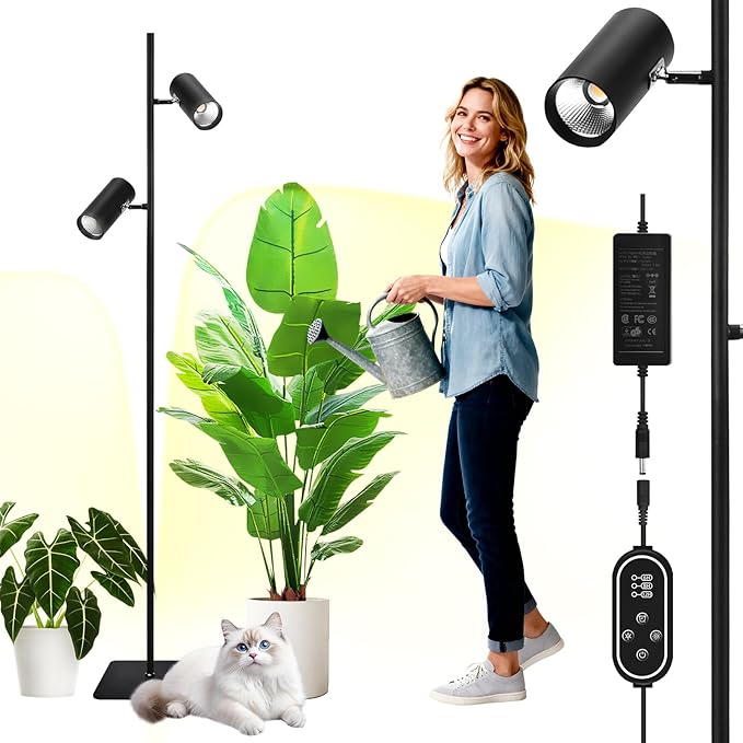 60W Dimmable Grow Light, Full Spectrum COB LED Dual-Head Floor Plant Lamp with High PPFD&CRI, 6/8/12H Timer, Adjustable Height (37"-77") & Angle – Standing Grow Lights for Indoor Plants