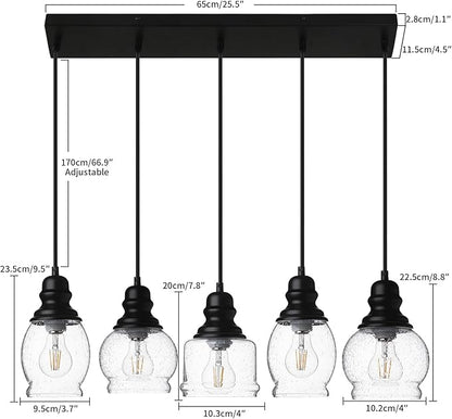 WILON Pendant Lights Kitchen Island, 5-Light Dining Room Light Fixture with Seeded Glass Shade, Farmhouse Chandeliers for Dining Room Matte Black Finish Hanging Linear Chandeliers for Kitchen Island