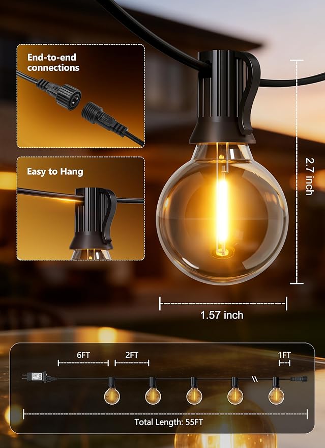Brightown Outdoor String Lights, 55FT 25 G40 Bulbs Shatterproof Patio Lights, Waterproof Dimmable Hanging Connectable Globe LED Outdoor Lights for Backyard, Bistro, Porch, Deck, Balcony