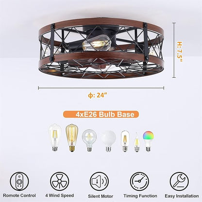 24" Farmhouse Flush Mount Caged Ceiling Fans with Lights, Rustic Low Profile Ceiling Fan with Light and Remote, Quiet Reversible DC Motor Bladeless Enclosed Ceiling Fan for Bedroom Dining Room Kitchen