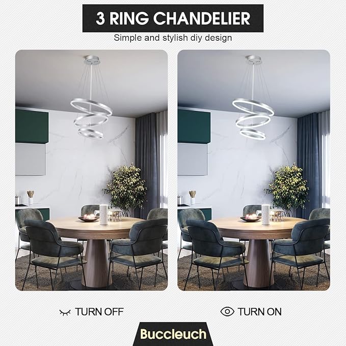 Buccleuch Dimmable 3-Ring LED Chandelier, Height Adjustable Modern Silver Pendant Light, ETL-Certified Flush Mount Acrylic Ceiling Light for Dining Room Living Room Bedroom Foyer, 6000K