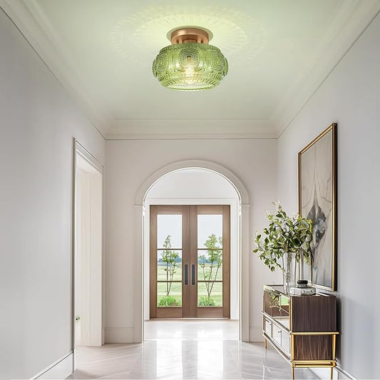 Semi Flush Mount Ceiling Light, Green Globe Glass Ceiling Light Fixture, Art Deco Kitchen Lighting fixtures Ceiling for Hallway Porch Corridor Bedroom, Bulb Not Included