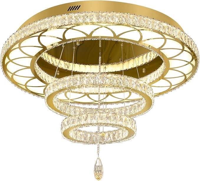 Flashing God Dia 32" Modern Crystal Chandeliers Dimmable Round Chandelier 3 Rings Flush Mount Crystal Ceiling Light for Living Room Dining Room Bedroom Gold