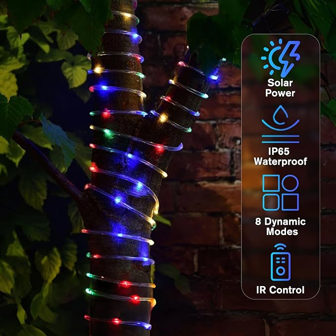 ANJAYLIA 66FT 200 LED Solar Rope Lights Outdoor Waterproof, Solar Powered Rope String Light with 8 Mode & Timer Remote, for Outdoor, Patio, Garden, Camping, Holiday & Christmas Décor Multicolor