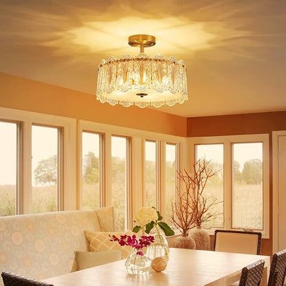 AGV LIGHTING Elegant Glass Chandelier Ceiling Light Fixture, Semi Flush Mount Ceiling Light for Bedroom, Modern Vintage Lighting, D15 x H10, Brass Gold Finish