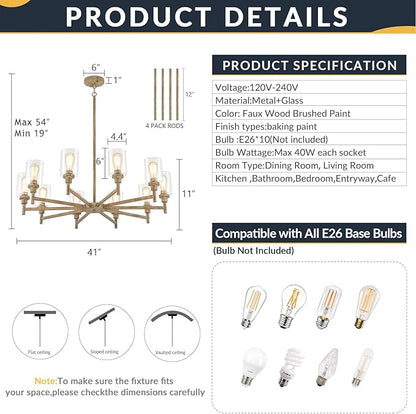 Large Farmhouse Chandelier, 10 Light Rustic Chandeliers for Dining Room Light Fixtures Over Table | Fake Wood Hanging Lighting with Clear Glass Cover for Living Room | Kitchen | Foyer