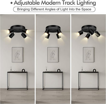 4 Light Track Lighting Fixtures Ceiling, Matte Black Round Directional Ceiling Spotlight, GU10 Flush Mount Track Fixture, Adjustable Modern LED Track Lights for Kitchen/Living Room, Bulb Not Included