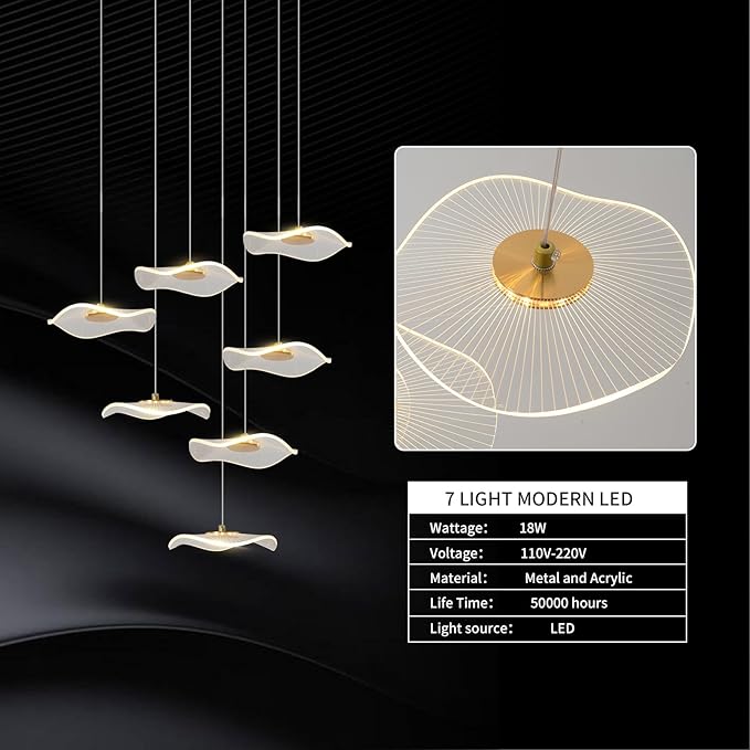 ziidoo High Ceiling Chandelier - 7-Light Dimmable Modern Gold Long Spiral Luxury Linear Lotus Leaf Led Lamp Hanging Pendant Lights for Foyer Enterway Staircase Villas