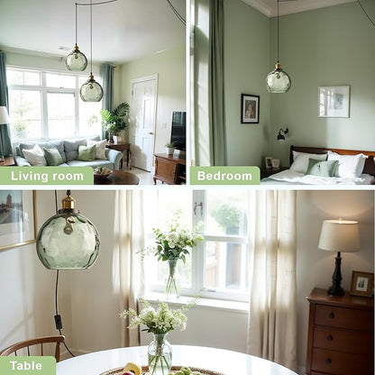 Green Plug in Glass Pendant Light Mid Century Modern Pendant Light Chandelier Ceiling Light Fixtures with Globe Shade, Plug in Hanging Light for Bedroom Living Room Dining Room