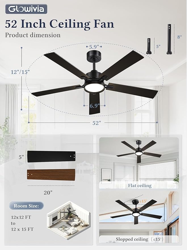 52 Inch Ceiling Fan with Lights and Remote, Smart APP Control, Dimmable with All-Setting Memory, Quiet DC Motor Reversible Blades, Damp Rated Modern Ceiling Fan for Bedroom Patio Living Room
