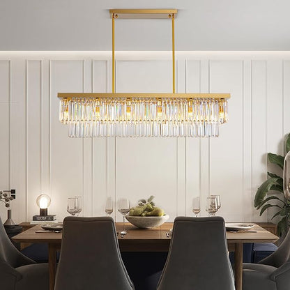 Siljoy Rectangular Gold Crystal Chandelier for Dining Room, 12-Light Modern Rectangle K9 Crystal Raindrop Chandelier Dimmable Ceiling Light for Living Room Kitchen Island, L47'' x W10'' x H10''