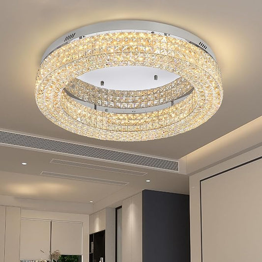 ykolupty 24" Crystal Chandeliers,Round Chandelier for Living Room Modern Ceiling Chandelier Flush Mount Ceiling Light Fixtures for Foyer Bedrooms Dining Room Hallway