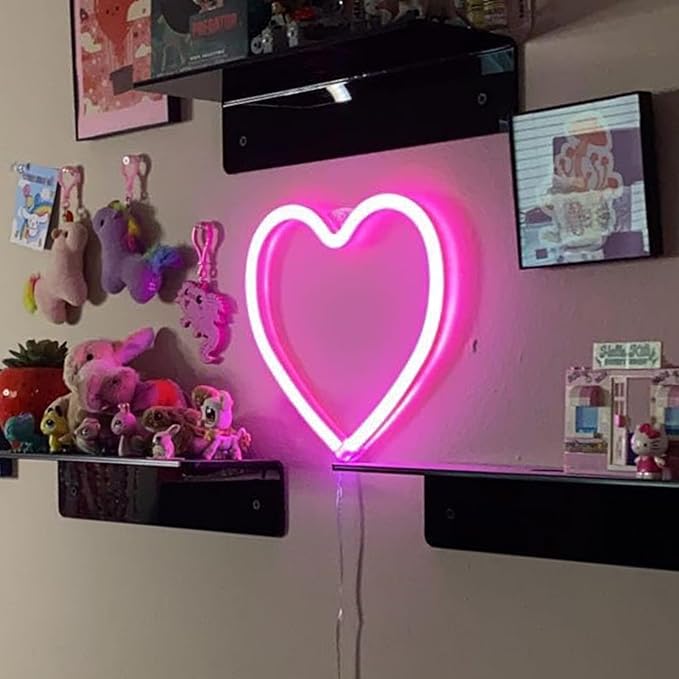 Pink Heart Neon Sign for Bedroom Decoration, Heart Led Light Sign 8.7×8.7 In Battery/USB Powered Romantic Love Hearts Neon Light for Wall Decor Art Kids Girl Room Wedding Party Valentine's Day Prsent