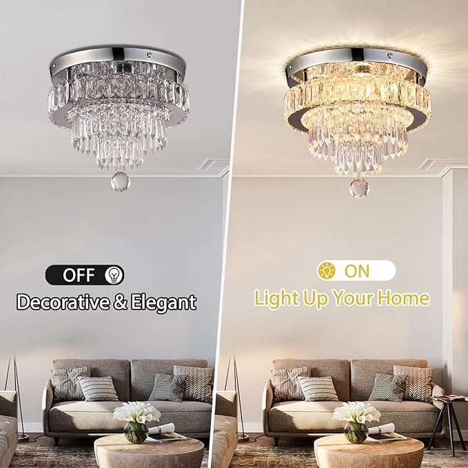 Crystal Chandeliers 11.8" Modern Crystal Light Fixtures LED Flush Mount Chandelier Ceiling Light Chandeliers for Bedrooms Living Room Dining Room Chrome (Warm White)