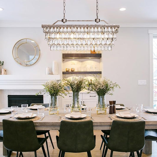 Wellmet Dining Room Crystal Chandelier, 30 Inch Antique Silver Rectangle Chandeliers Over Table, 4 Lights Farmhouse Kitchen Island Lighting, Vintage Crystal Chandelier Light Fixture for Living Room