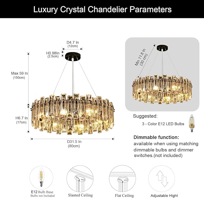 Modern Luxury K9 Crystal Chandelier 10-Lights Round Pendant Light Easy Install Ceiling Hanging Light Fixture for Dining Living Room Kitchen Island Entryway Foyer D31.5 Black