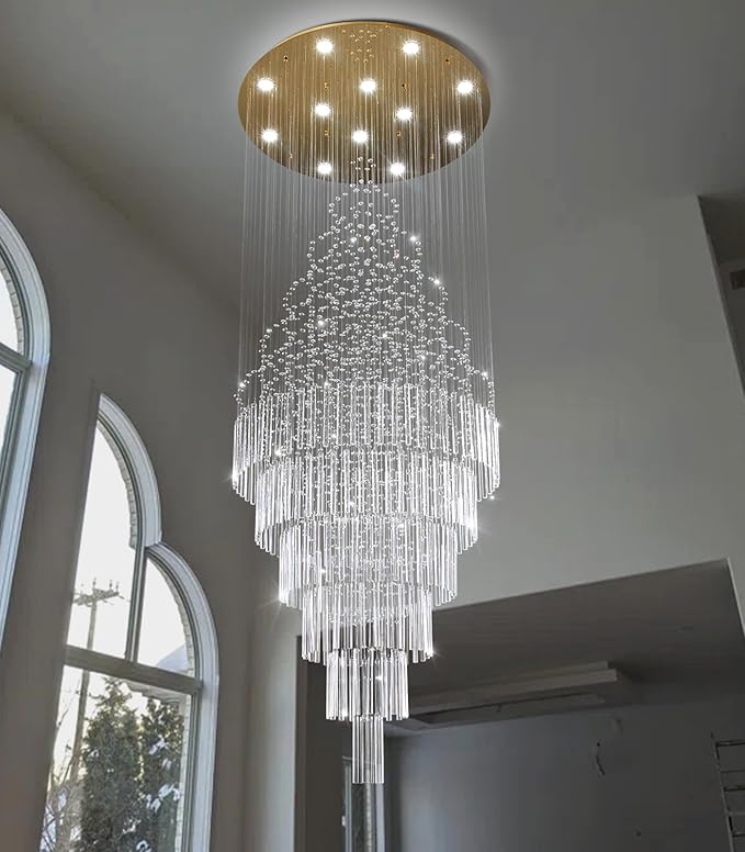 HAIXIANG W32 x H100 Glam Chandelier with LED Bulbs Crystal Raindrop High Ceiling Pendant Light for Entrance Large Villa Chandelier Foyer Lighting Fixtures Gold