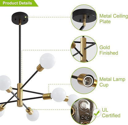 Sputnik Chandelier Mid Century Modern Industrial E26 Pendant Lighting Chandeliers Ceiling Light Fixture Black and Gold Light for Living Room,Kitchen,Bedroom,Dining Room and Farmhouse