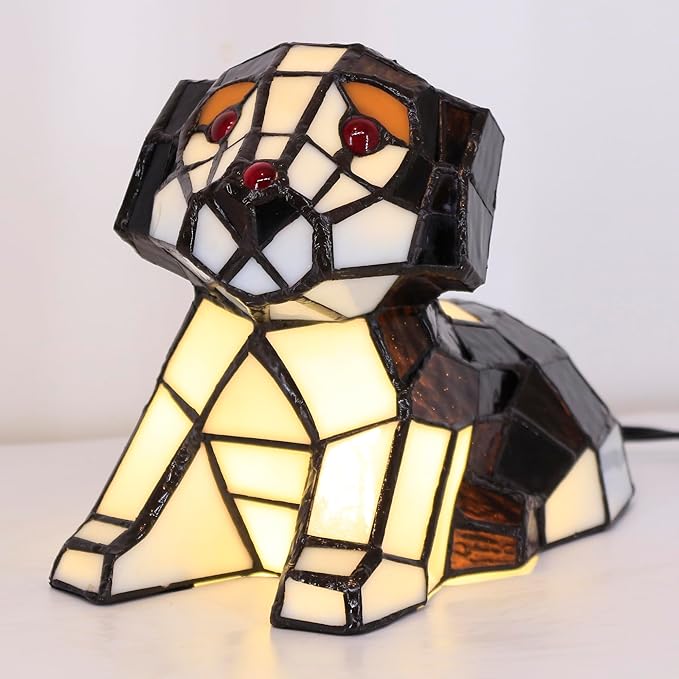Small Tiffany Lamp Stained Glass Animal Table Lamp Mini Accent Desk Light (Brown White Dog)